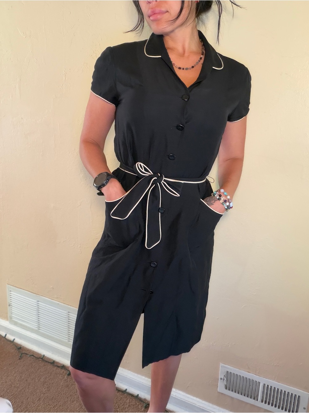 Vintage Long Black Button-Up Dress with White Trim